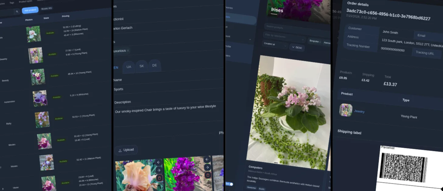 Admin, product editor, shop and order details